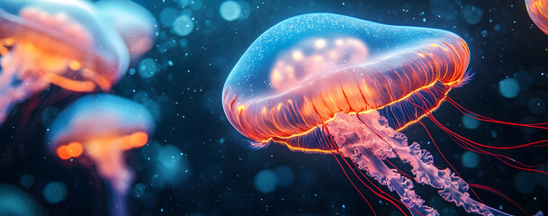 Vibrant jellyfish floating gracefully in deep, dark water, showcasing bioluminescent colors and delicate tentacles.