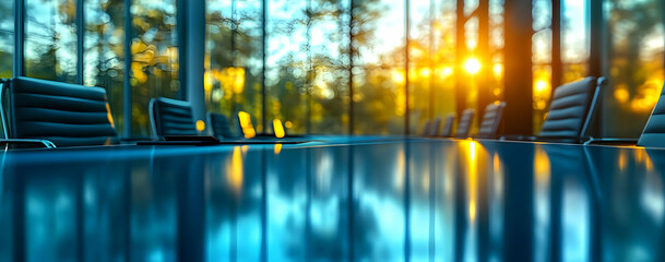 A modern conference room bathed in warm sunlight, featuring a sleek table and comfortable chairs. Ideal for business presentations.