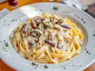 Pasta with Mushrooms on White Plate