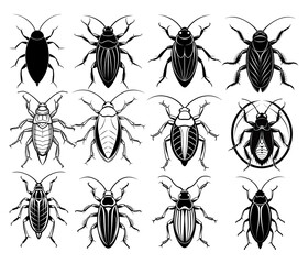 12 cockroach silhouette or black and white icons or symbol sets. 