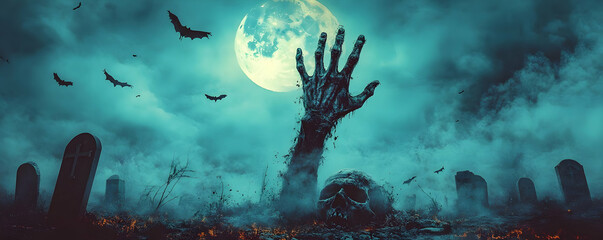Obraz premium A haunting scene featuring a skeletal hand emerging from a grave at night, surrounded by mist and a full moon, evoking eerie vibes.