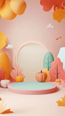 Escenario de otoño en 3D con podio y elementos en tonos suaves. Hojas y calabazas en un diseño minimalista, perfecto para presentaciones.