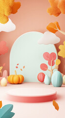 Diseño 3D de podio otoñal en colores pastel. Hojas y calabazas con iluminación suave. Espacio central ideal para exhibir tu producto.