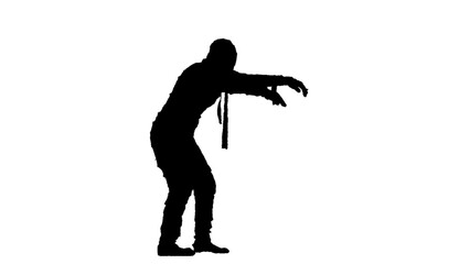 Silhouette Portrait of person in a mummy bandage on chroma key green screen background. Mummy covered in white cloth ribbons walking with hands up.