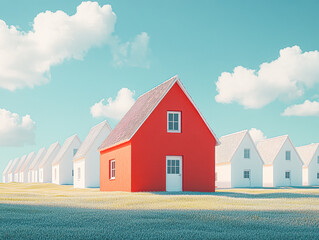 Obraz premium A row of houses with a red house in the middle