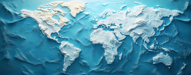 A textured relief map of the world, showcasing landforms and oceans with vibrant colors and intricate details.