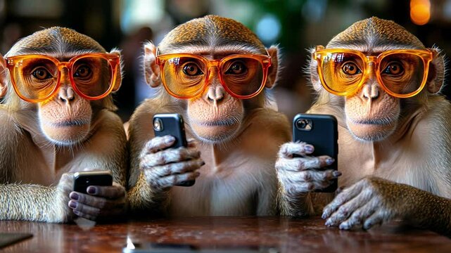 Three monkeys sitting together hold smartphones while wearing oversized orange glasses. The playful atmosphere captures their curious expressions and interaction.