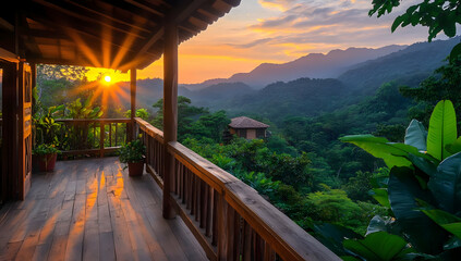 Fototapeta premium A stunning sunset view from a wooden balcony overlooking lush mountains and greenery, perfect for nature lovers and travel enthusiasts.