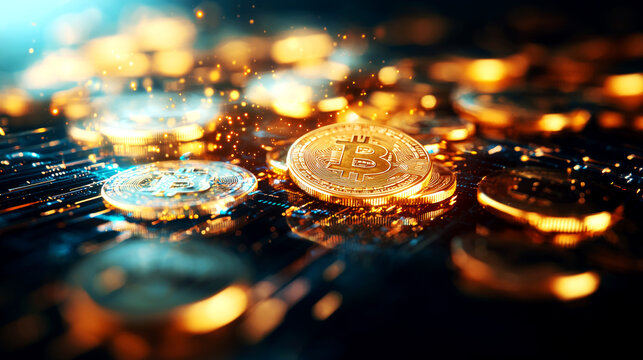 Golden coins surrounding abstract economy symbols, glowing lines indicating financial growth, futuristic digital background, economy symbols, money  indicator - Powered by Adobe
