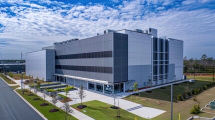 Fototapeta premium Modern Industrial Building with a Blue Sky