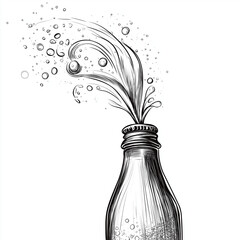 Hand-Drawn Fizzy Drink Bottle Explosion with Bubbles - Black and White Sketch Illustration