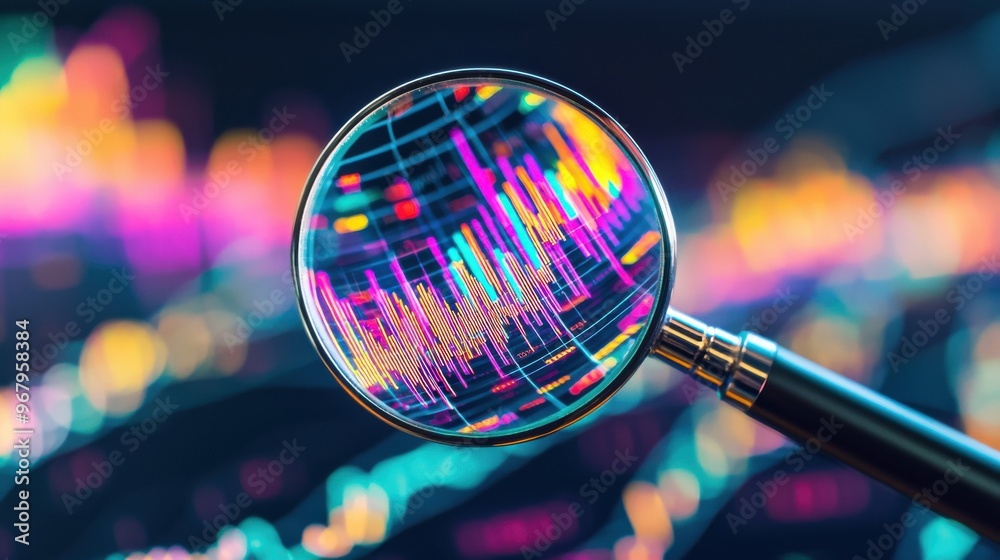 Poster a magnifying glass focusing on abstract data charts and graphs floating in space, with vibrant color