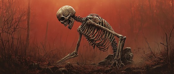 A haunting skeleton in a dark, foggy landscape, capturing the eerie essence of death and the passage of time.