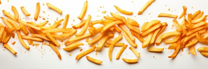 Golden crispy French fries scattered on a white surface against a minimalist background