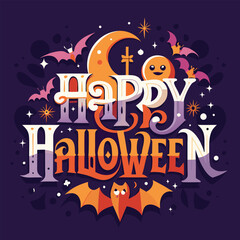 Happy Halloween Design with Spooky Bats and Pumpkin Graphics