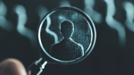 A magnifying glass over a blurred figure, zooming into clear details of professional skills and potential, representing personalized coaching and clarity in outplacement services