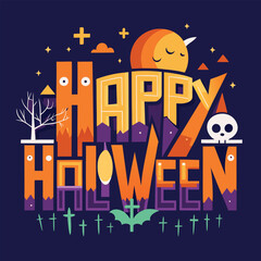 Happy Halloween Design with Spooky Bats and Pumpkin Graphics