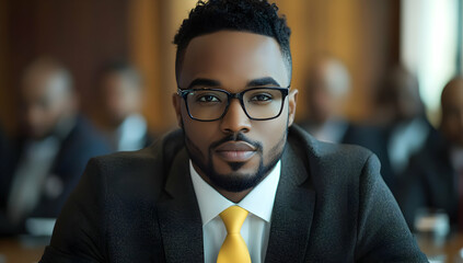 Fototapeta premium A confident man in a suit and glasses, showcasing professionalism and focus in a corporate environment.