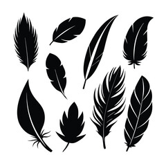 Versatile feather silhouette vector set, ideal for patterns, logos, and decorative designs.