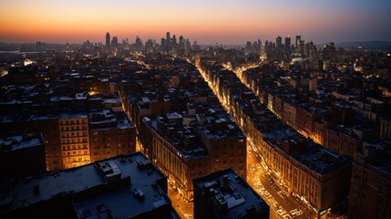 Obraz premium Generative AI, City at Dusk with Illuminated Streets: A Stunning Urban Skyline as Night Falls