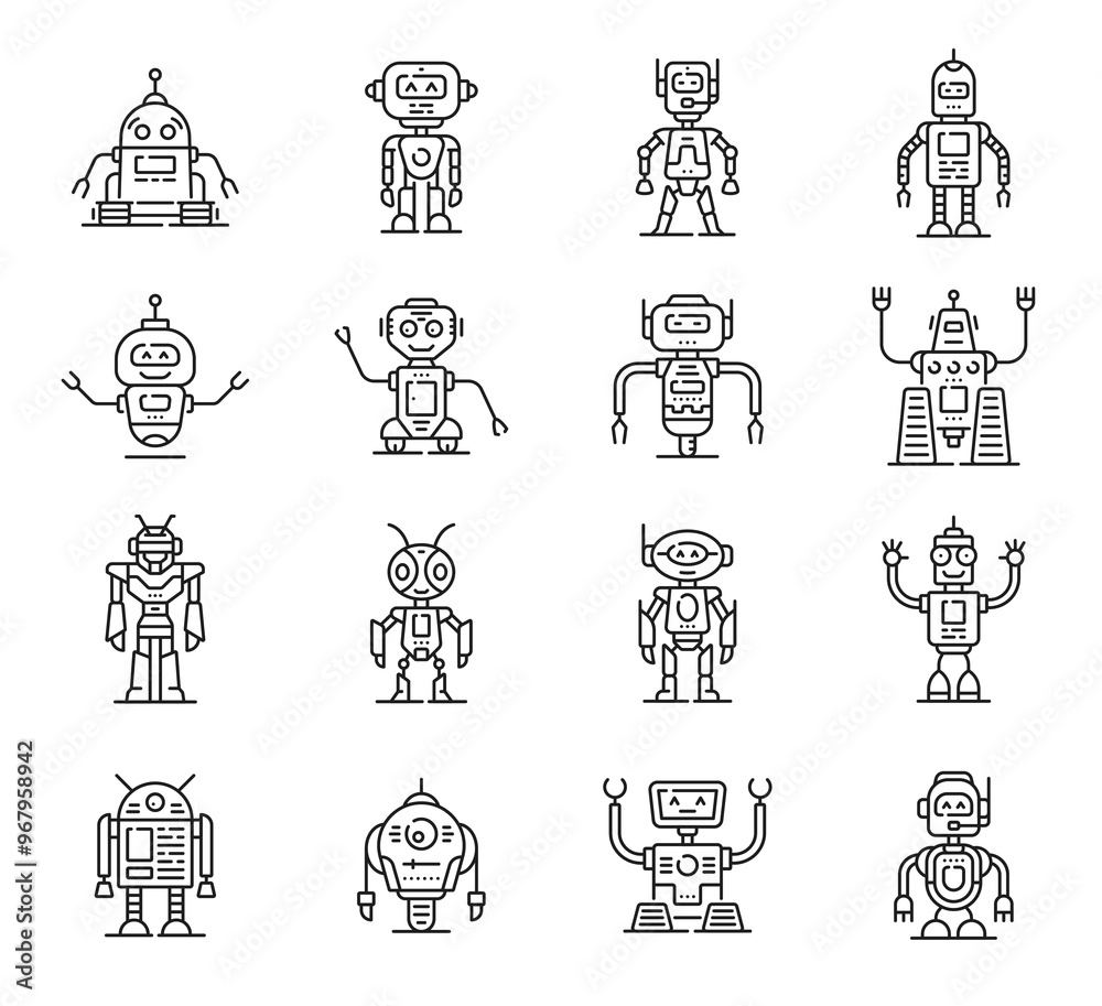 Poster robot line and outline icons. cute bot toys characters of future ai technology and science. vector r