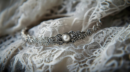 Obraz premium Elegant silver bracelet with intricate design and pearl, resting on delicate lace fabric, perfect for bridal adornment.