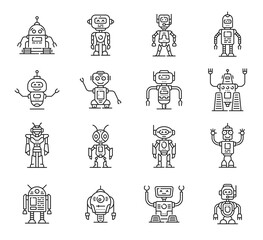 Robot line and outline icons. Cute bot toys characters of future AI technology and science. Vector robot monsters, retro droid and cyborg personages. Artificial intelligence machines with happy faces