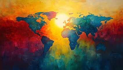 Naklejka premium Vibrant world map painting with warm colors, symbolizing unity and diversity under a glowing sunset.