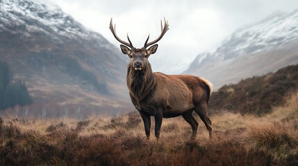 A majestic red deer stag stands in a mountainous landscape, its antlers held high.