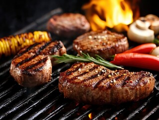 Grilled steak sizzling on a barbecue with vibrant vegetables and herbs, showcasing delicious cooking and culinary artistry.