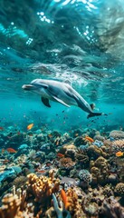 Obraz premium A dolphin swims in crystal clear coral reef waters, highlighting the need for ocean conservation.