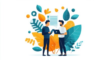 A mentor guides a younger colleague through a difficult project, offering words of encouragement. The positivity shared creates a supportive work environment.