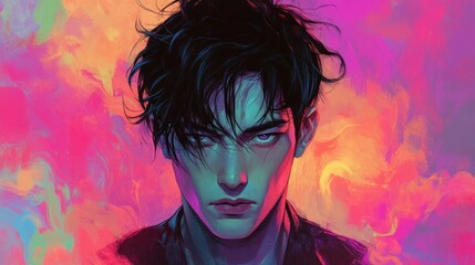 Portrait of a Man with Black Hair Against a Colorful Abstract Background