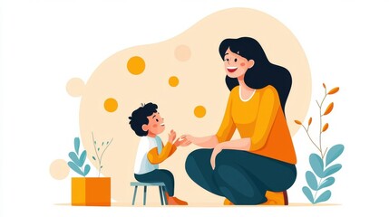 Obraz premium A mother plays with her young child in the living room, their laughter filling the space with joy. The bright, colorful room reflects their happiness and positive connection.