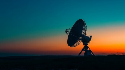 A satellite dish silhouette against a colorful sunset sky, symbolizing communication and technology.