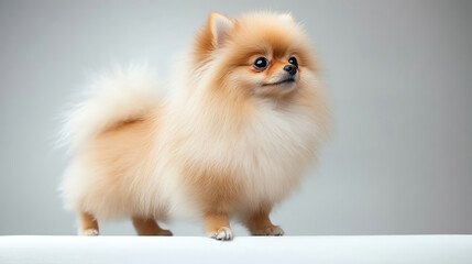 Fototapeta premium Adorable fluffy Pomeranian dog standing proudly, showcasing its playful personality and soft, luxurious coat.