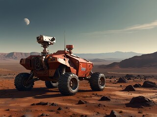 Mars Rover Exploring Red Desert Landscape Under Crescent Moon