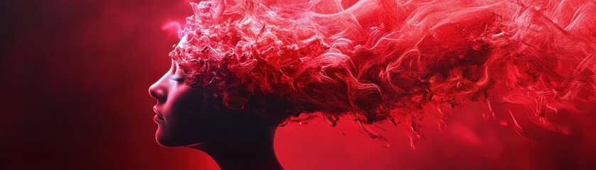 A surreal portrayal of a profile with vibrant red hair, merging elements of beauty and imagination in a dreamlike atmosphere.