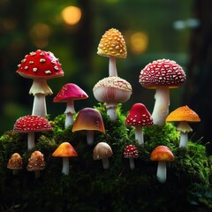 Obraz premium A stunning collection of colorful mushrooms growing among lush green moss in a serene forest setting.