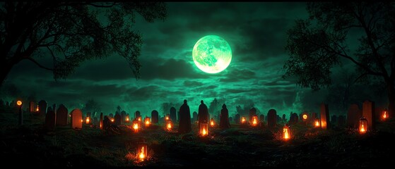 Fototapeta premium A haunting graveyard scene illuminated by glowing fires under a mystical full moon, creating an eerie yet captivating atmosphere.