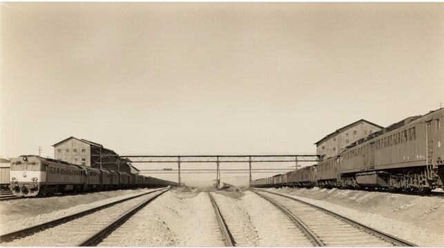 Generative AI, Sepia Tone Train Yard with Parallel Tracks: A Timeless and Quiet Scene of Industrial Simplicity