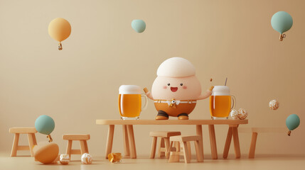 A cheerful 3D character celebrating Oktoberfest with two large beer mugs on wooden table, surrounded by colorful balloons and playful decor. scene radiates joy and festivity