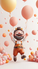 A cheerful character with beard is joyfully holding colorful balloons, surrounded by playful spheres in various shades. This festive scene captures spirit of celebration and happiness