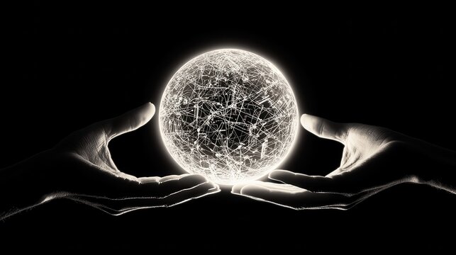 A pair of hands passing a glowing orb filled with complex patterns of circuits and symbols, representing the transfer of knowledge in a digital age