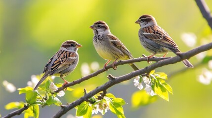 Three birds perched on a branch surrounded by green leaves and blossoms.