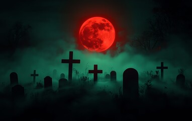A haunting graveyard scene illuminated by a red moon, shrouded in fog for a chilling and eerie atmosphere.
