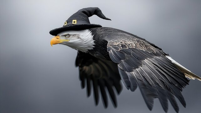 Eagle in a witch s hat soaring through stormy skies, Eagle in witch costume, sky magic, powerful flyer