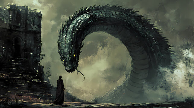 Hidden within the ruins, the basilisks petrifying stare emanates from its serpentine shadow, echoing whispers of powers best left undiscovered no dust. Basilisk. Illustration