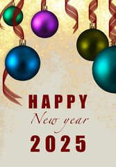 2025 Happy New Year Celebration with Colorful Ornaments and Festive Ribbons