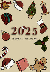 2025 Happy New Year Illustration with Christmas Decorations and Festive Elements